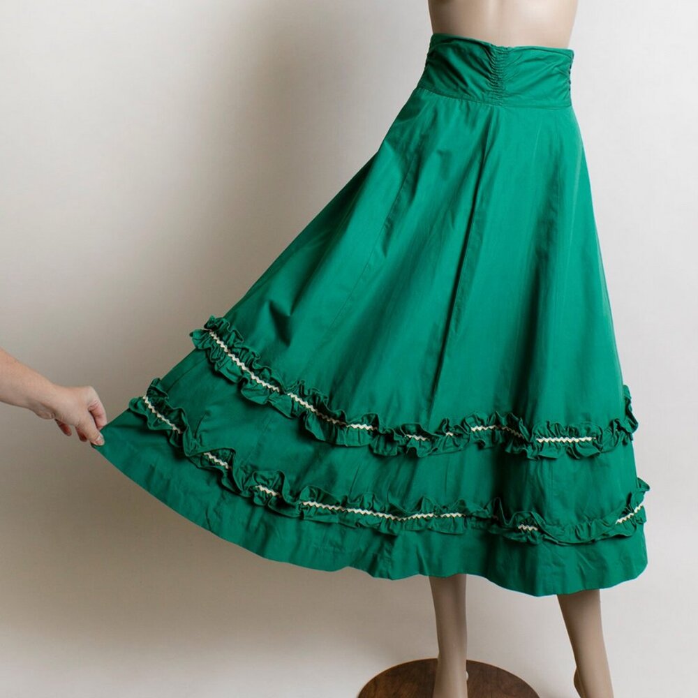 Vintage 1940s Green Ruffle Maxi Skirt Cotton Holiday 26" Waist Small 40s